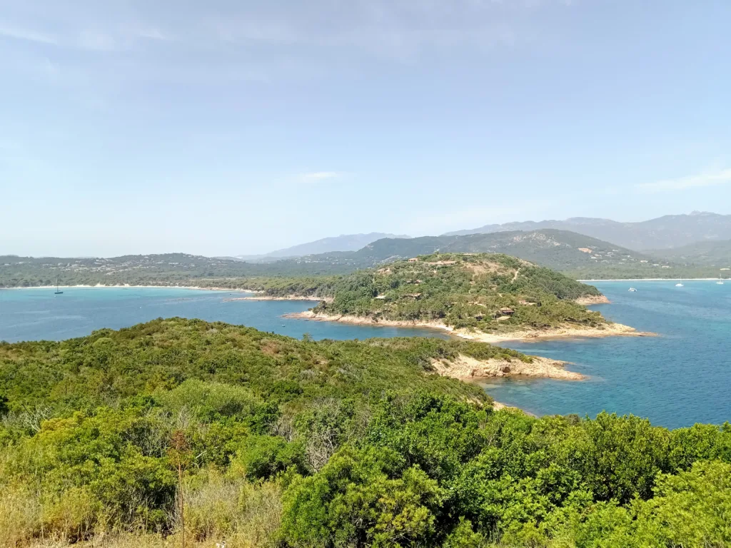 La presqu'île boisée du Capu di Fora et les eaux turquoise du golfe, vues depuis la tour de Pinarellu