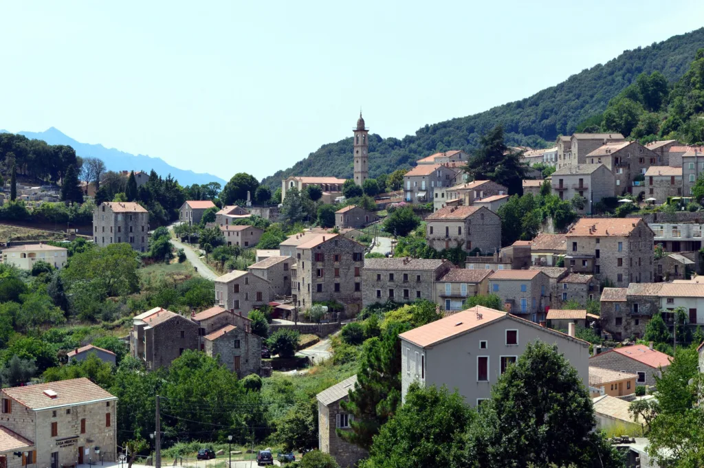 Maisons de pierre de Levie à flanc de colline, entourées de végétation, clocher et montagnes au fond