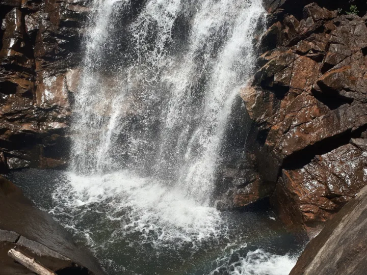 Chute d'eau de Piscia di Gallu tombant entre des parois de granit sombre dans un bassin