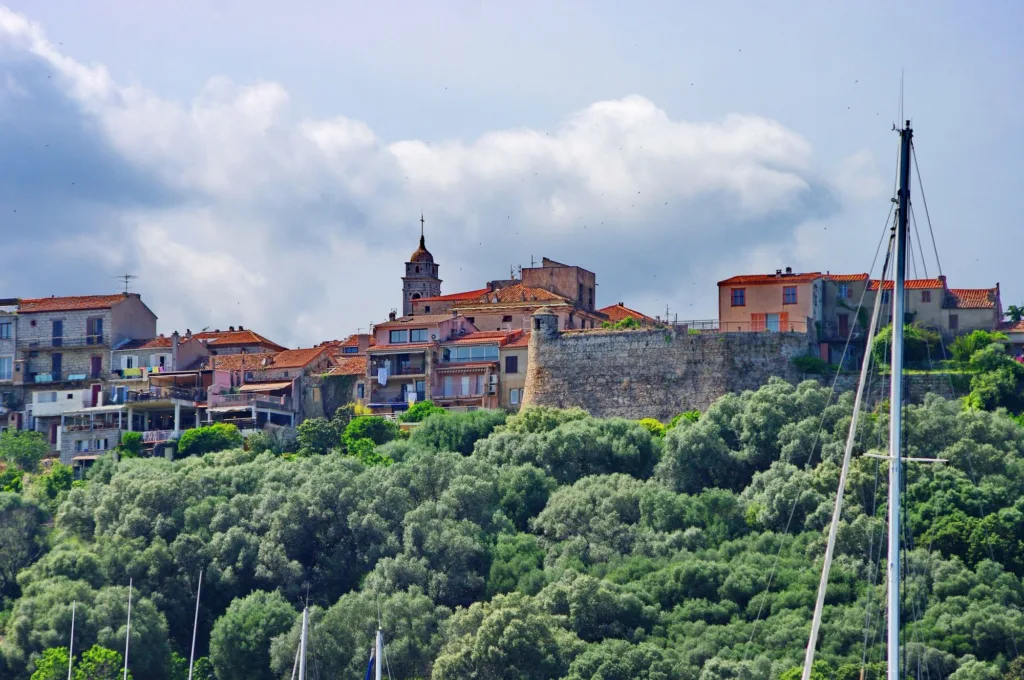 La vieille ville de Porto-Vecchio sur sa colline, maisons, clocher et murs de pierre au-dessus de la végétation