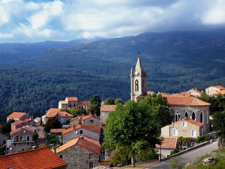 Maisons de Zonza bâties en terrasses autour du clocher de l'église Santa Maria Assunta, forêt et montagnes de l'Alta Rocca au fond
